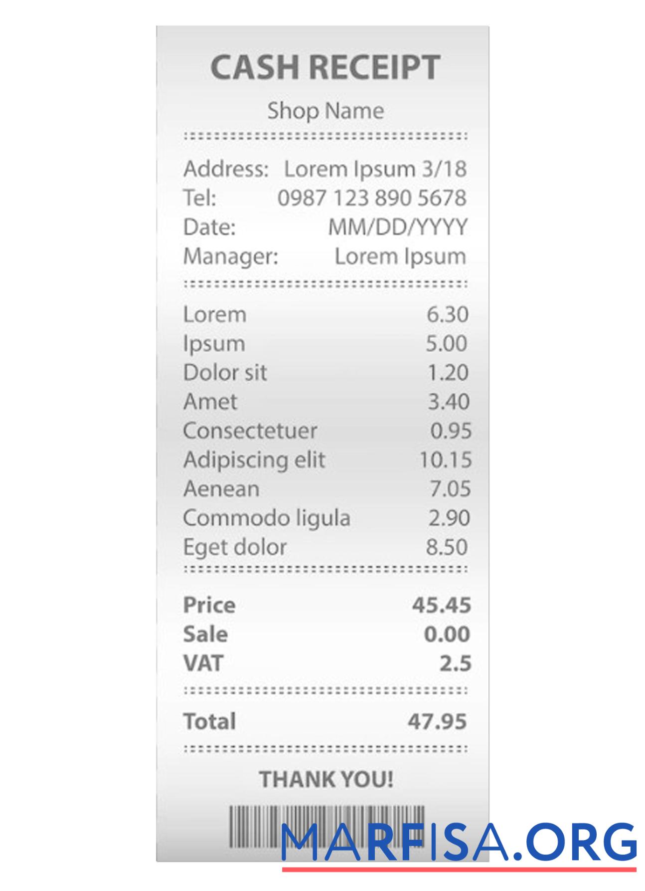Blank CASH receipt sample real example